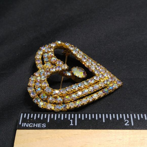 Aurora Borealis Heart Brooch, AB Rhinestone Dangle, 1960s Vintage Jewelry - Picture 5 of 10